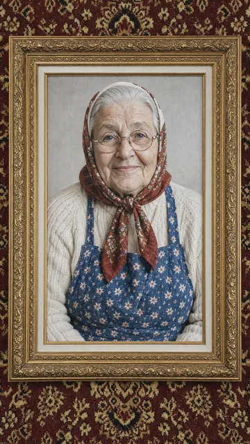 A framed portrait of BABA, an old woman in a headscarf and apron