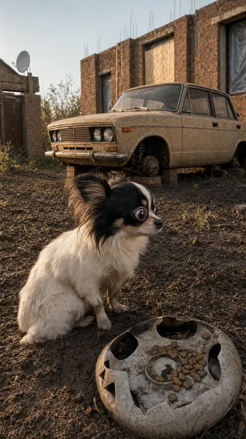 Bitkojna, a tiny long-haired chihuahua, next to a hubcap food bowl