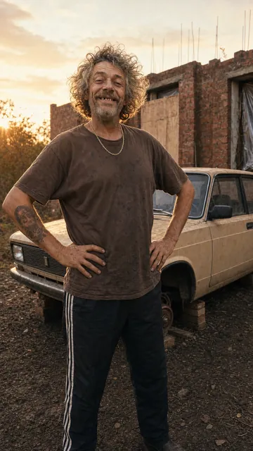 Jarmil in front of the old car on bricks, hands on his hips like a director