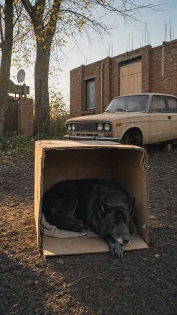 Rolex, a big old black German Shepherd, asleep in his cardboard box