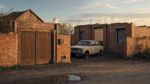 The wooden gate on a muddy street, the unfinished house and the old car behind it