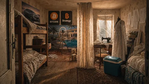 A shared kids’ room split by a lace curtain, with Bitcoin and Strategy posters, a ring light and a sewing table
