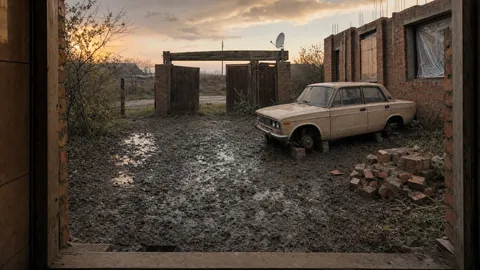 A muddy yard with puddles, a pile of bricks and an old car on bricks