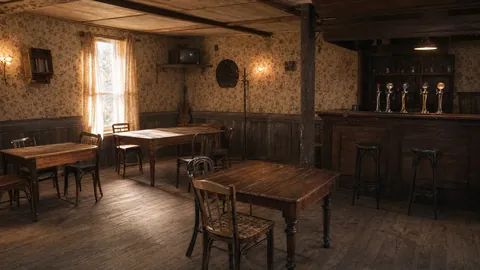 An empty village pub with wooden tables, a bar and beer taps