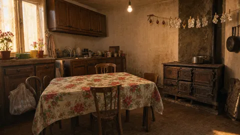 An old kitchen with a flowered tablecloth, a wood stove and a bag full of plastic bags
