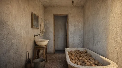A bare bathroom with a washbasin on a stool and a bathtub full of potatoes
