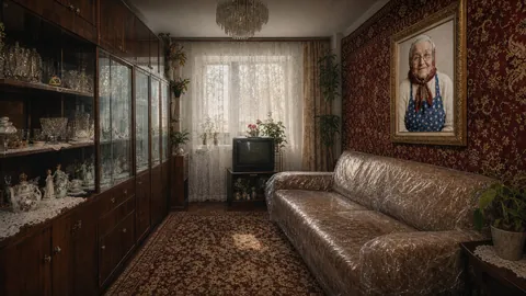 The living room with a sofa in plastic wrap, a glass cabinet, an old TV and BABA’s portrait on the wall