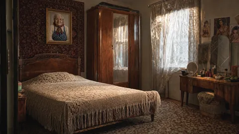 The bedroom with a crocheted bedspread, a wardrobe, a dressing table and BABA’s portrait above the bed