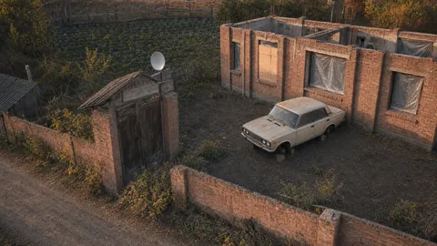 Drone view of the unfinished brick house, a wooden gate and an old car on bricks in the yard