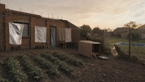 The back garden with rows of potatoes, laundry on a line and a cardboard dog house