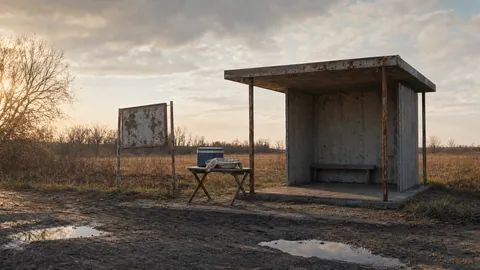 A lonely concrete bus stop in a field with a small table and a cool box