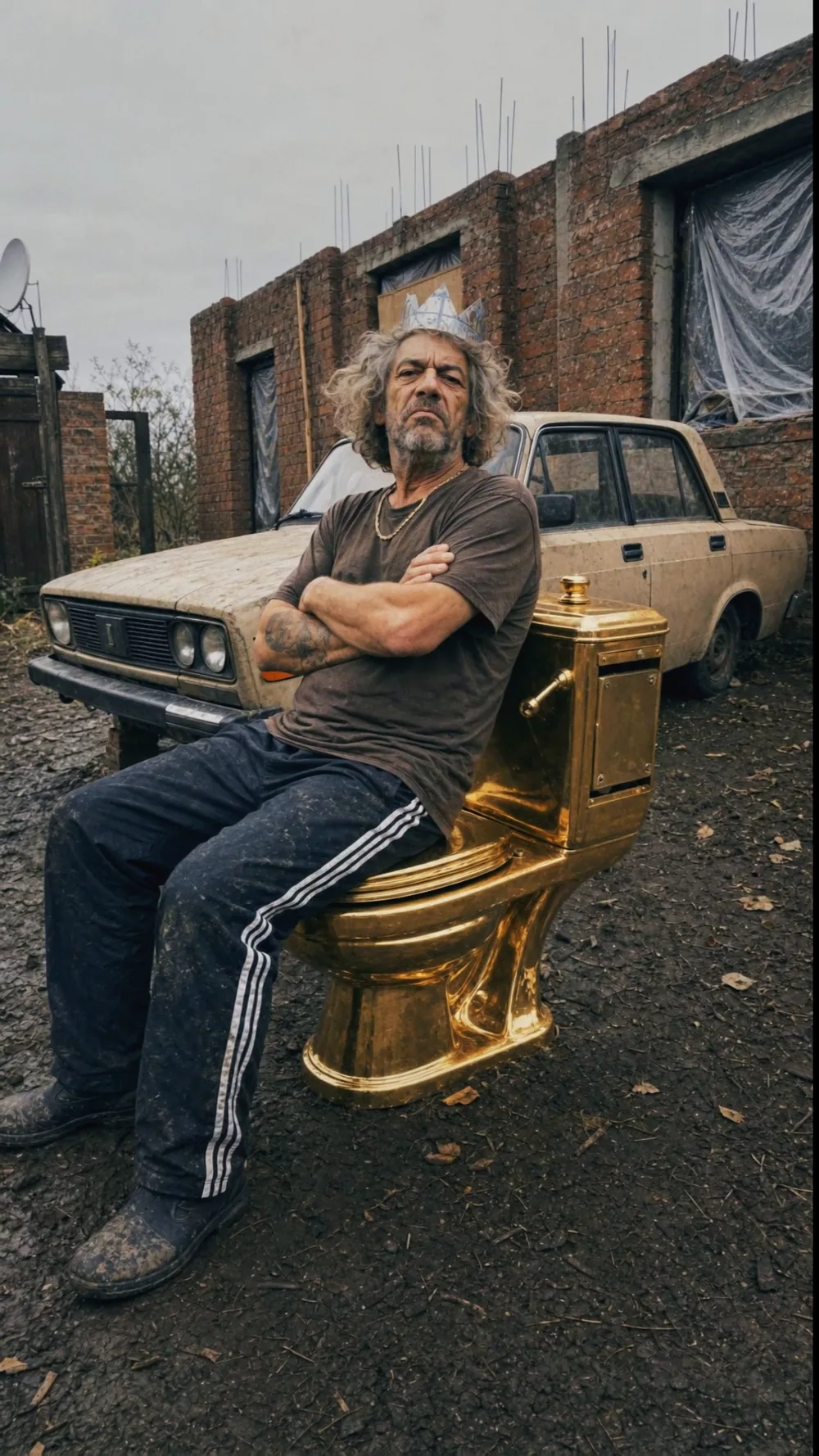 Jarmil sitting on the golden toilet in the muddy yard next to the old car, arms crossed like a king