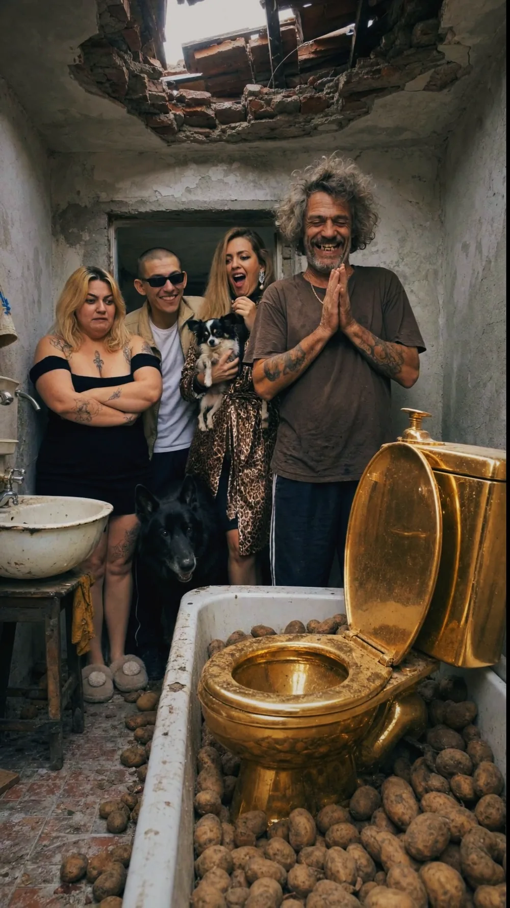The golden toilet stuck in a bathtub full of potatoes under a hole in the roof, the whole family staring at it, Jarmil praying