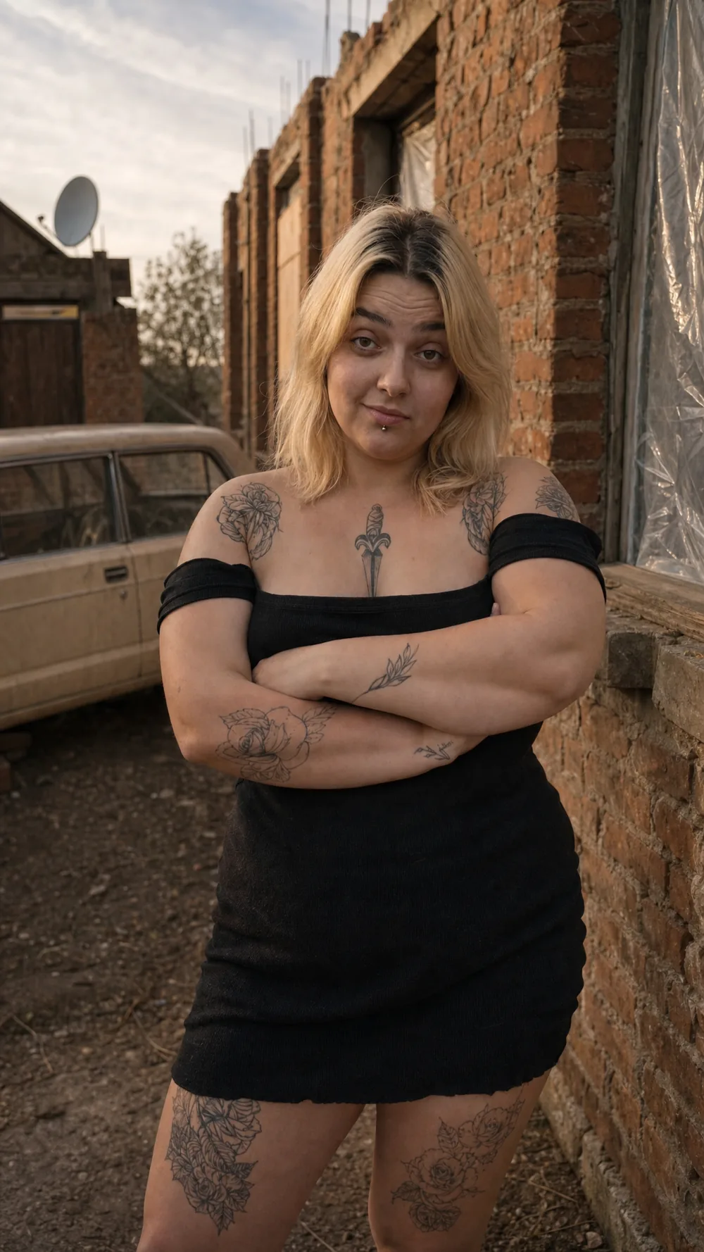 Ribana by the brick wall of the unfinished house, arms crossed, looking straight at the camera