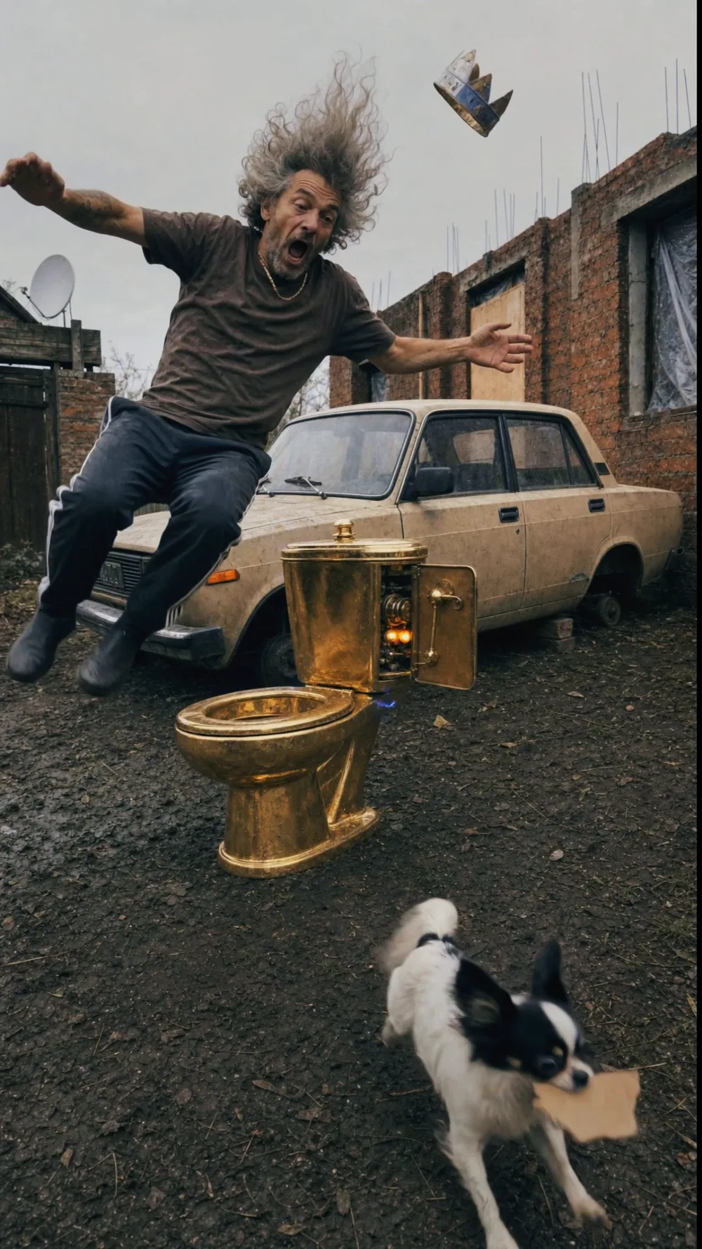 Jarmil flying through the air with his hair standing up after an electric shock from the golden toilet, the brass year counter open on its side, the chihuahua running past