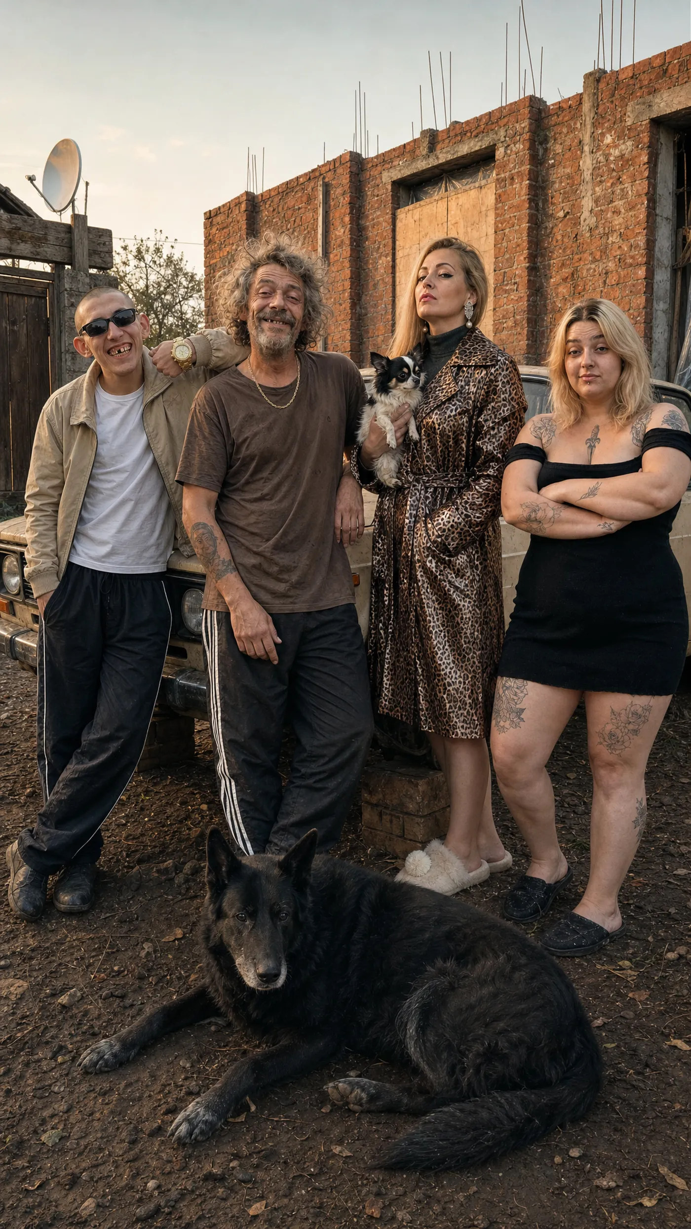 The Polgarič family in front of their unfinished brick house: Arnie, Jarmil, Angela with the chihuahua Bitkojna, Ribana, and the big black dog Rolex lying in the mud
